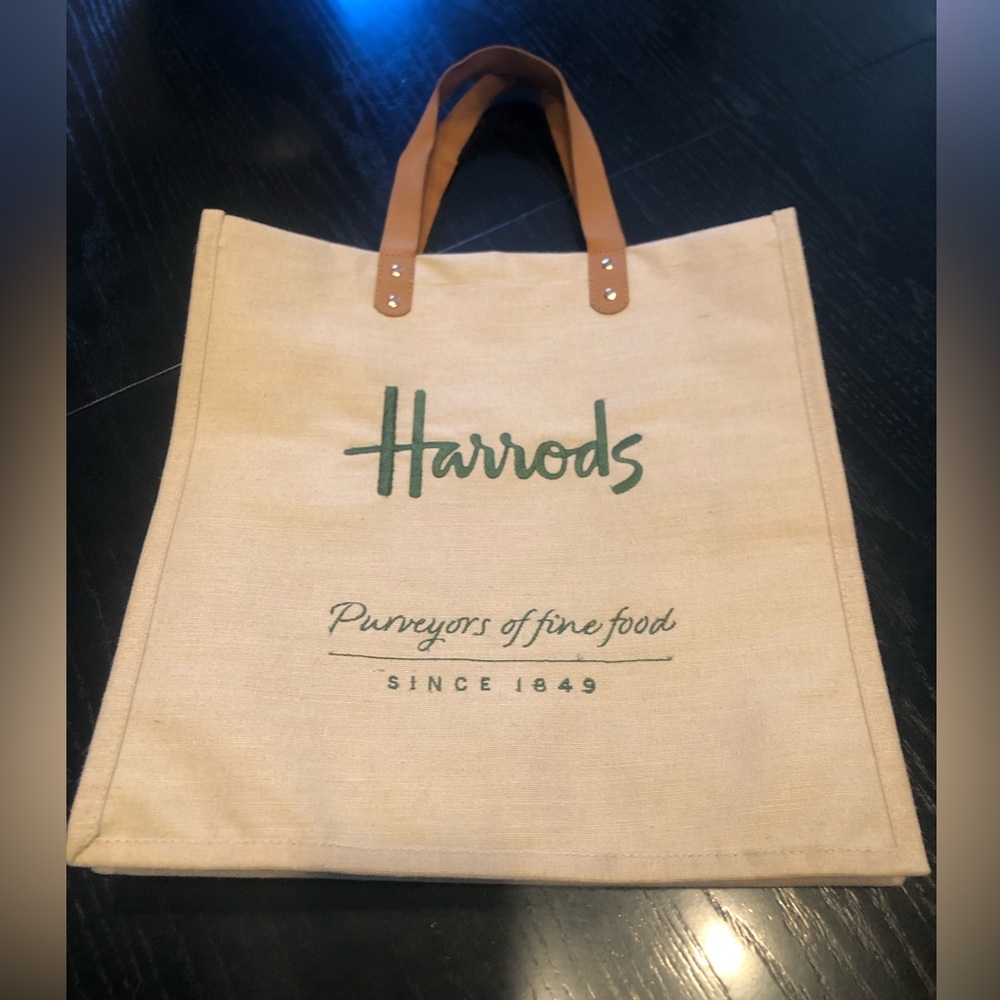 Harrods Jute Shopping tote with leather handles New!!